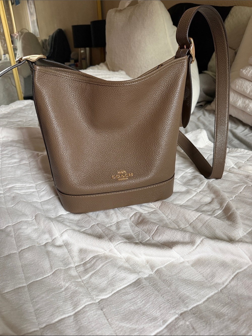 Coach Pebbled Leather Bucket Bag in Brown with Gold Hardware